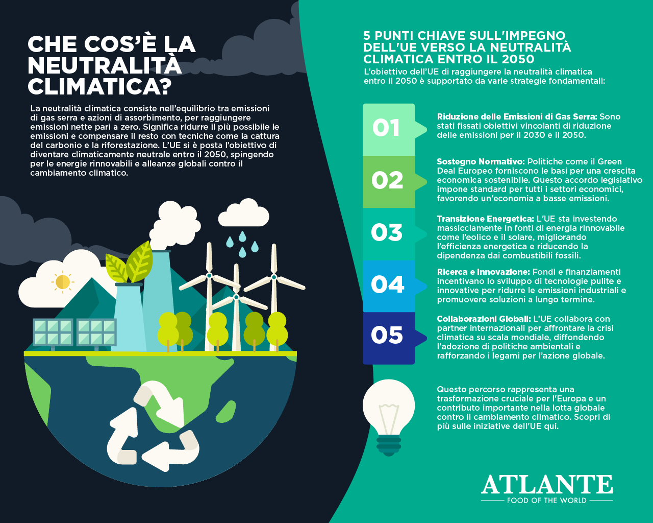 5 punti chiave per l'impegno dell'UE verso la neutralità climatica entro il 2050, tra cui energia rinnovabile e collaborazione globale.