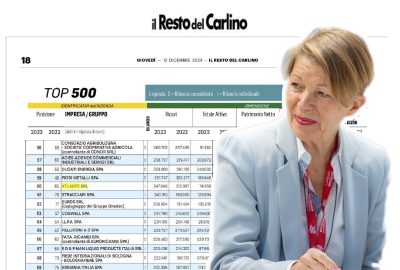 Natasha Linhart, CEO di Atlante, accanto alla classifica che celebra il posizionamento dell’azienda tra le Top 60 aziende bolognesi per fatturato nel 2023.