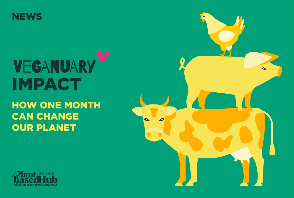 Illustration of a cow, pig, and chicken stacked on top of each other, symbolizing the impact of Veganuary. The text highlights the potential environmental benefits of adopting a plant-based diet for a month.