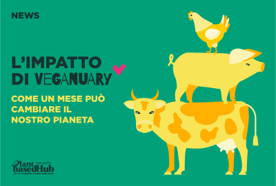 Illustrazione di una mucca, un maiale e una gallina impilati uno sopra l'altro, a rappresentare l’impatto di Veganuary. Il testo evidenzia i benefici ambientali derivanti da un mese di alimentazione plant-based.