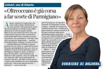 Natasha Linhart, CEO di Atlante, intervistata dal Corriere di Bologna sull’impatto dei dazi USA sulle esportazioni italiane. Focus sulla corsa agli stock di Parmigiano Reggiano e le ripercussioni sul mercato agroalimentare globale